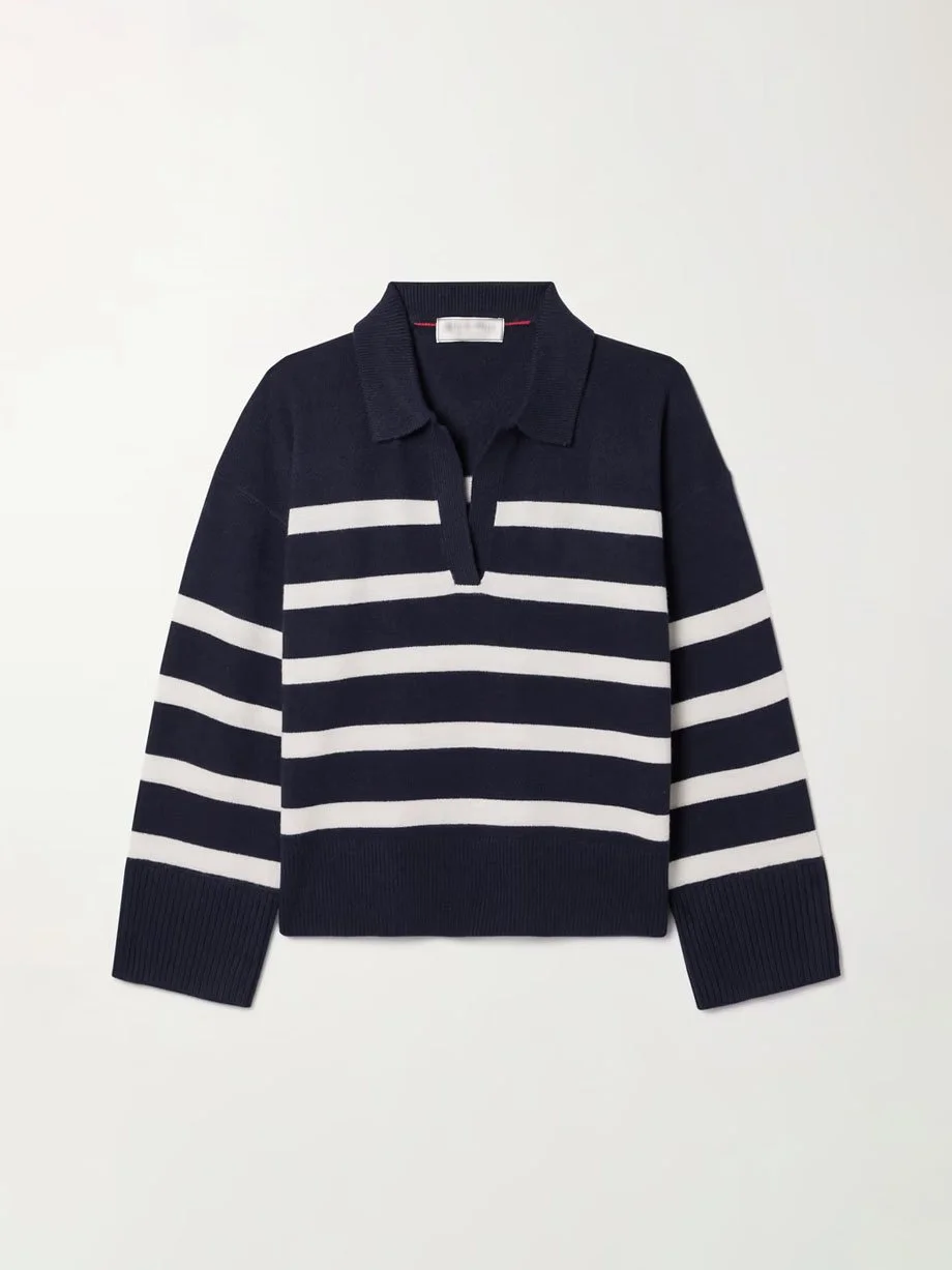 Polo Collar Striped Sweater Cropped Cashmere Jumper Winter